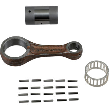 The Kawasaki - Suzuki Connecting Rod Kit by Prox features a metal connecting rod, cylindrical crankpin, needle bearings, and small-end bearing rollers, all displayed neatly on a white background.