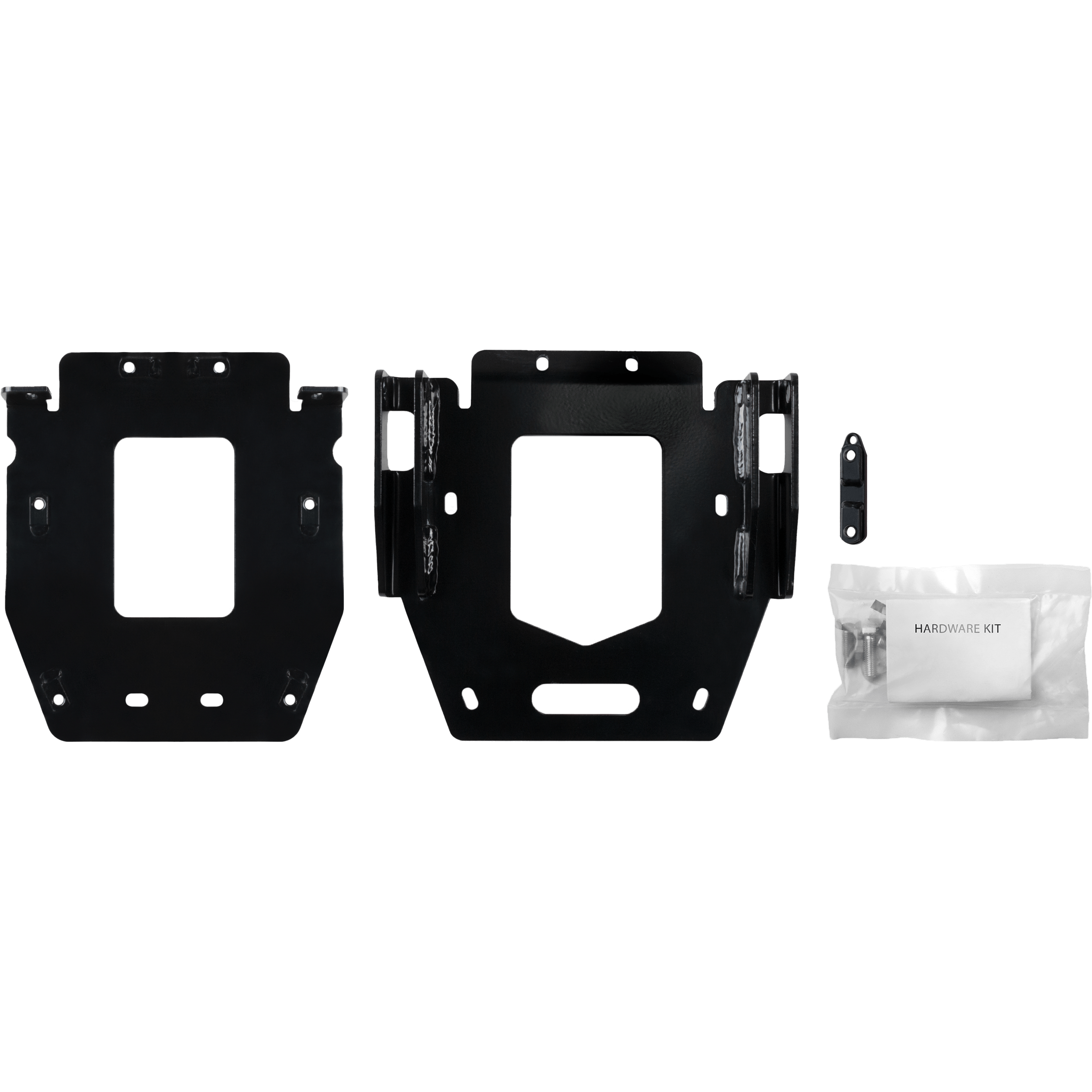 The UTV Plow Mount by Open Trail includes two black metal mounting brackets, a small black metal piece, and a clear bag labeled Hardware Kit with screws and hardware, all displayed on a white background.