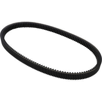 The Drive Belt Ultimax UA Stampede by Ultimax is a black, oval-shaped rubber belt with evenly spaced inner teeth and aramid cord reinforcement, displayed on a white background.