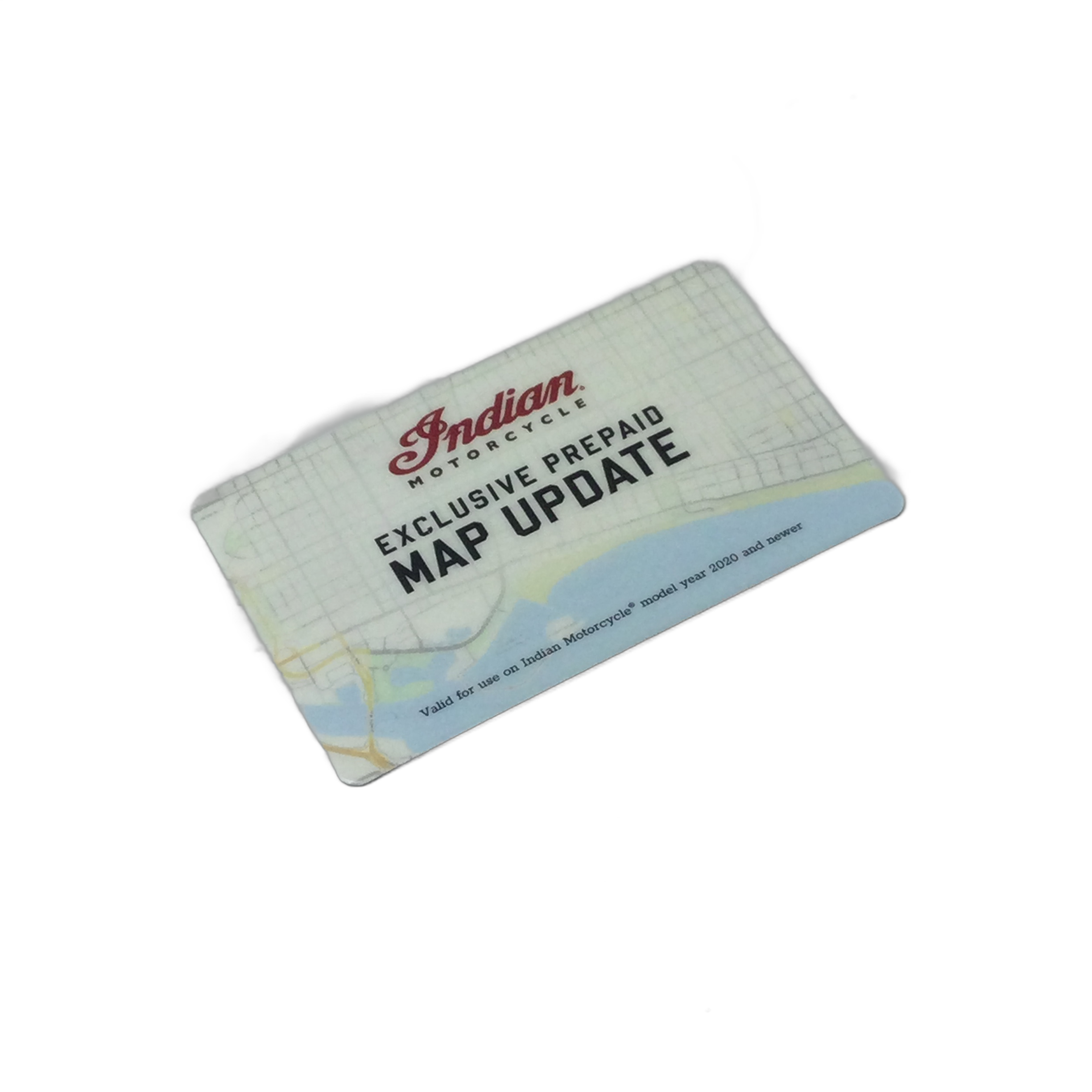 A rectangular card labeled "Card-Code Map Update Indian by Polaris" on a faint map background, valid for select Indian motorcycle models—ideal for keeping your navigation current with OEM Indian Polaris parts.