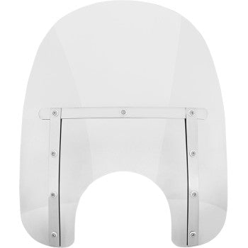 The Memphis Slim Windshield - 15 - Clear by Memphis Shades features a clear, curved Lucite design with metal support brackets and a U-shaped cutout; compatible with Memphis Shades and Memphis Slim accessories.