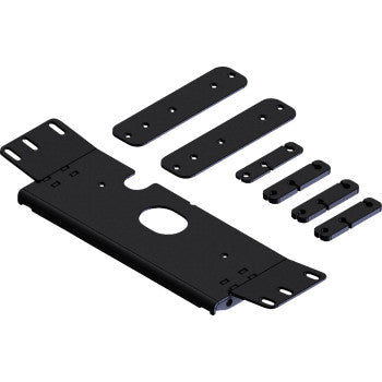 Black metal plow mount kit with multiple flat bracket pieces and mounting holes.