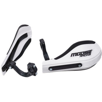 A pair of Roost 2 Hand Guards White by Moose Offroad with handlebar mounts, designed for motorcycles or dirt bikes, displayed from multiple angles against a white background.