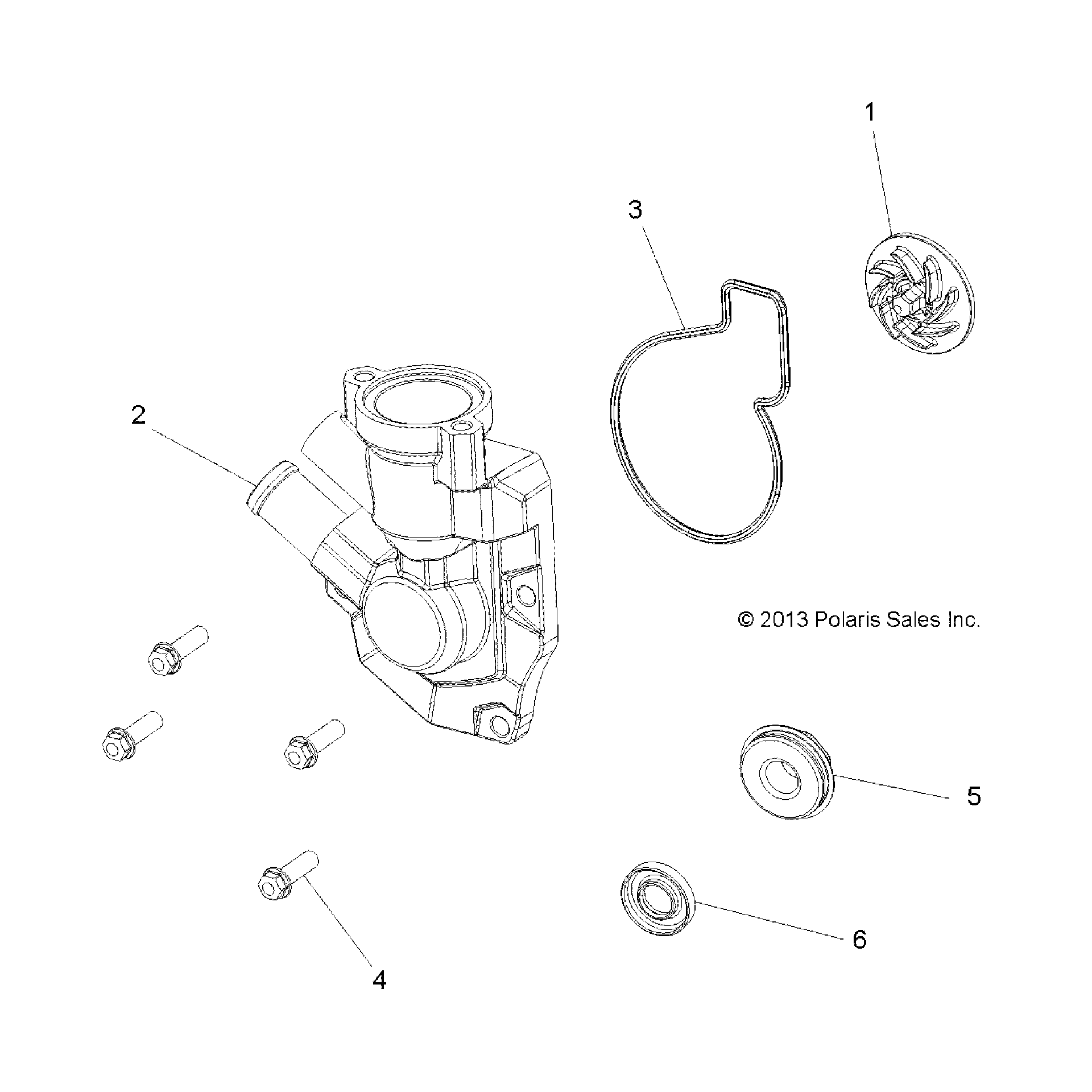 An Image of a Genuine Polaris Parts Schematic Diagram showing the schematic - ENGINE: WATERPUMP IMPELLER AND COVER - 2015 POLARIS HAWKEYE 325 2X4