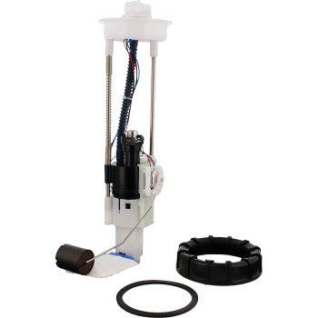 The CF Moto Fuel Pump Module Kit by All Balls includes wires, a plastic float arm, connectors, a black mounting ring, and a rubber gasket—perfect as an OEM replacement—shown on a white background.