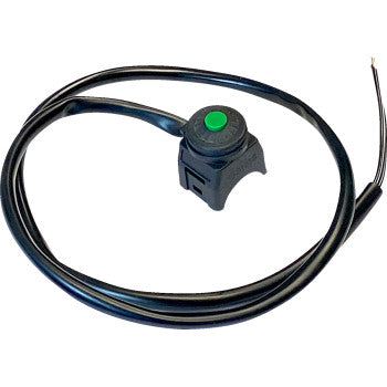 The Universal Momentary Switch Green Button by K&S Technologies is a black 7/8" handlebar-mounted switch with attached wiring, ideal for controlling electronics on bicycles, scooters, or motorcycles.