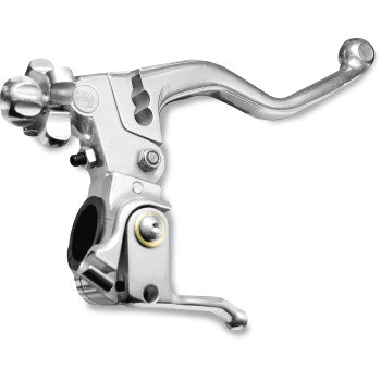 A close-up of the Perch Clutch Ultimate by Moose Offroad, a polished cast aluminum brake lever featuring intricate mechanical details, adjustable leverage, and adjustment knobs, isolated on a white background.