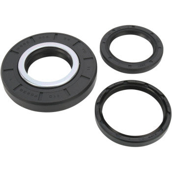 The Honda Differential Seal Kit Rear by Moose Offroad includes three black rubber seals in varying sizes on a white background; the largest features a metal ring for differential service kits, while the two smaller ones are plain.