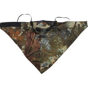 The Pro Series Rider Bandana Dust Mask (Camo) by ATV-TEK is a moisture-wicking, camouflage mask with ear loops and ventilation holes, featuring a triangular design for effective dust particulate filtration.