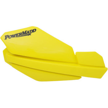 Bright yellow angular handguard with black Powermadd logo, designed for off-road vehicle handlebars.