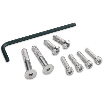 The Hand Guard Bolt Kit by Moose Offroad features seven silver hex socket screws in assorted sizes and a black L-shaped Allen wrench, offering versatile hardware for your needs.