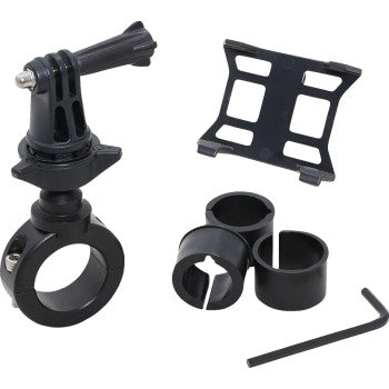 The Dynojet Handlebar Mount - Power Vision 3 includes an adjustable clamp, three rubber inserts, an Allen wrench, and a rectangular plastic bracket—perfect for securely mounting your PV3 or EFI tuner.
