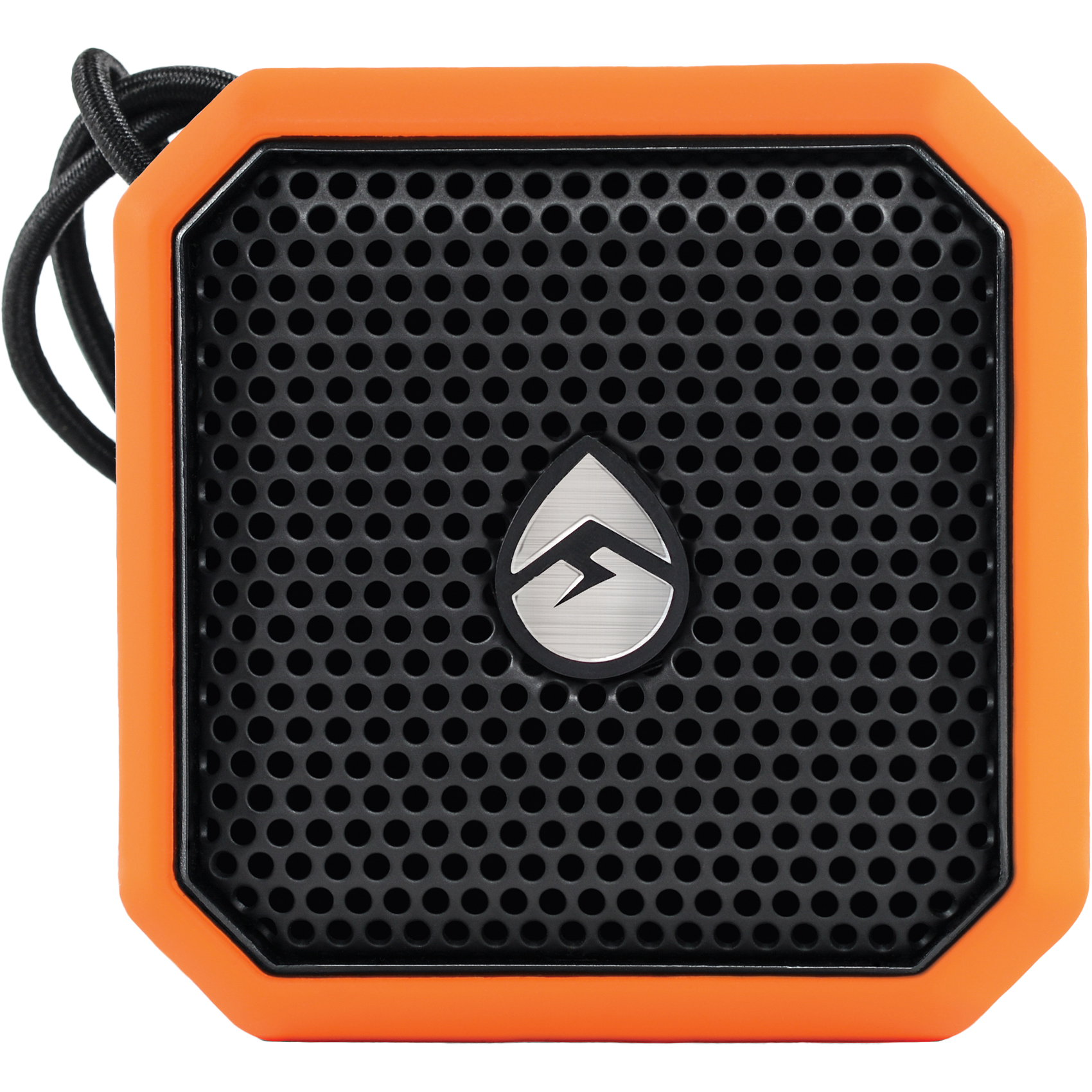 The Ecopebble Lite Orange by EcoXGear is a compact, square portable speaker with an orange rubber frame, black speaker grill, central silver water droplet logo, and a black loop cord on the upper left corner.