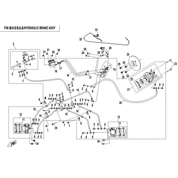 An Image of a genuine CFMOTO Parts Schematic Diagram showing the group - HYDRAULIC BRAKE ASSY - 2015 CFMOTO CFORCE 500 HO