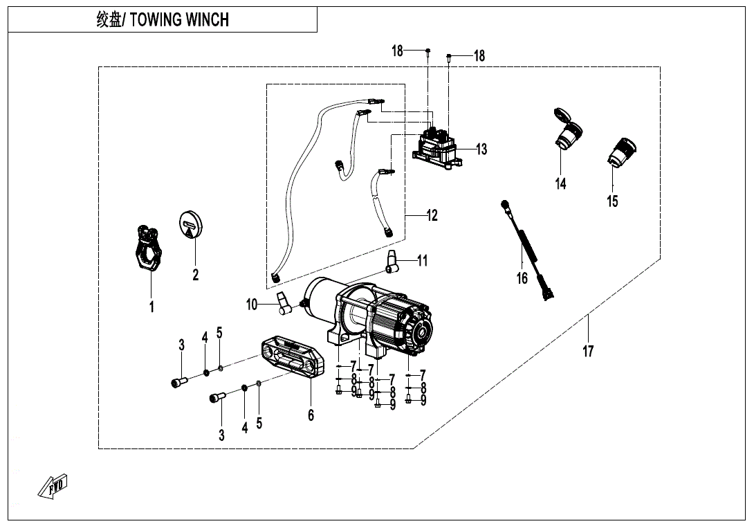 Exploded diagram of the Winch Control Relay by CF Moto, showing numbered parts like motor, cables, hooks, and remote—labeled in English and Chinese. Features CFmoto ATV/UTV OEM parts from Witchdoctors.com with detailed connecting lines.