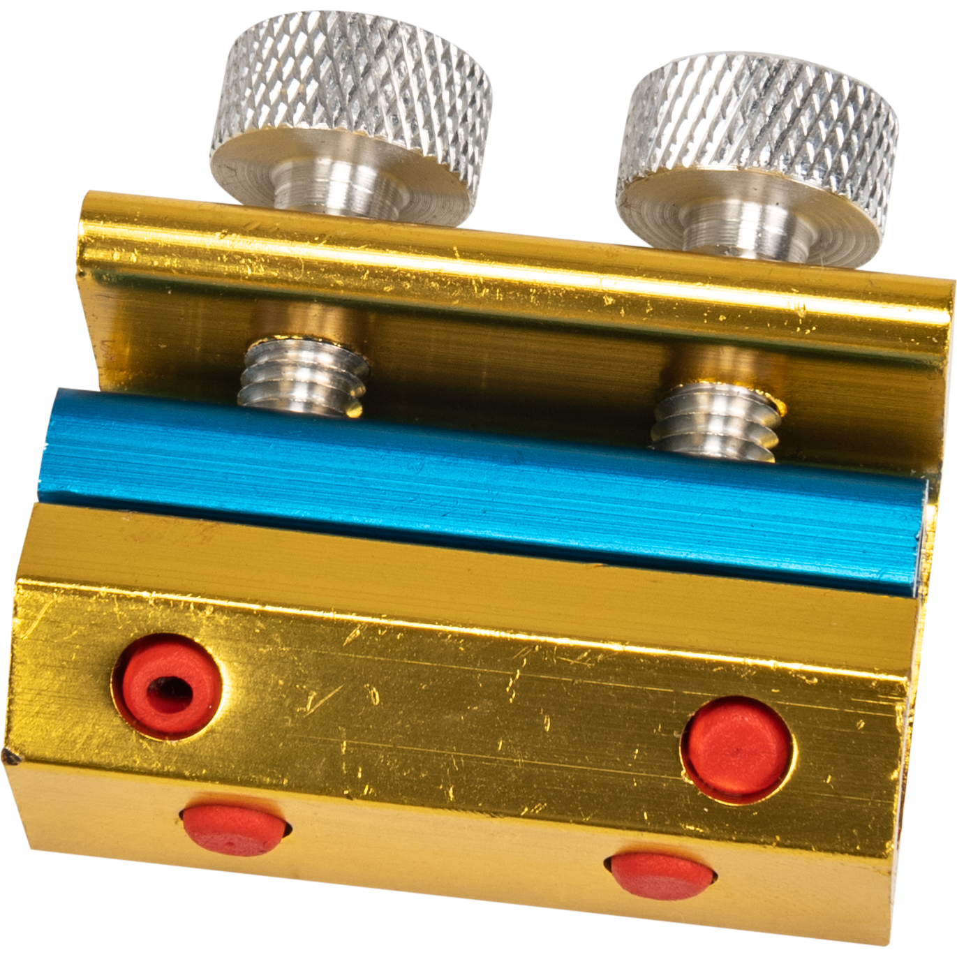 A close-up of the Cable Luber by Fire Power, featuring gold and blue metallic parts, two silver knurled knobs, and red circular accents on the gold base, set against a white background—ideal for efficient cable maintenance.