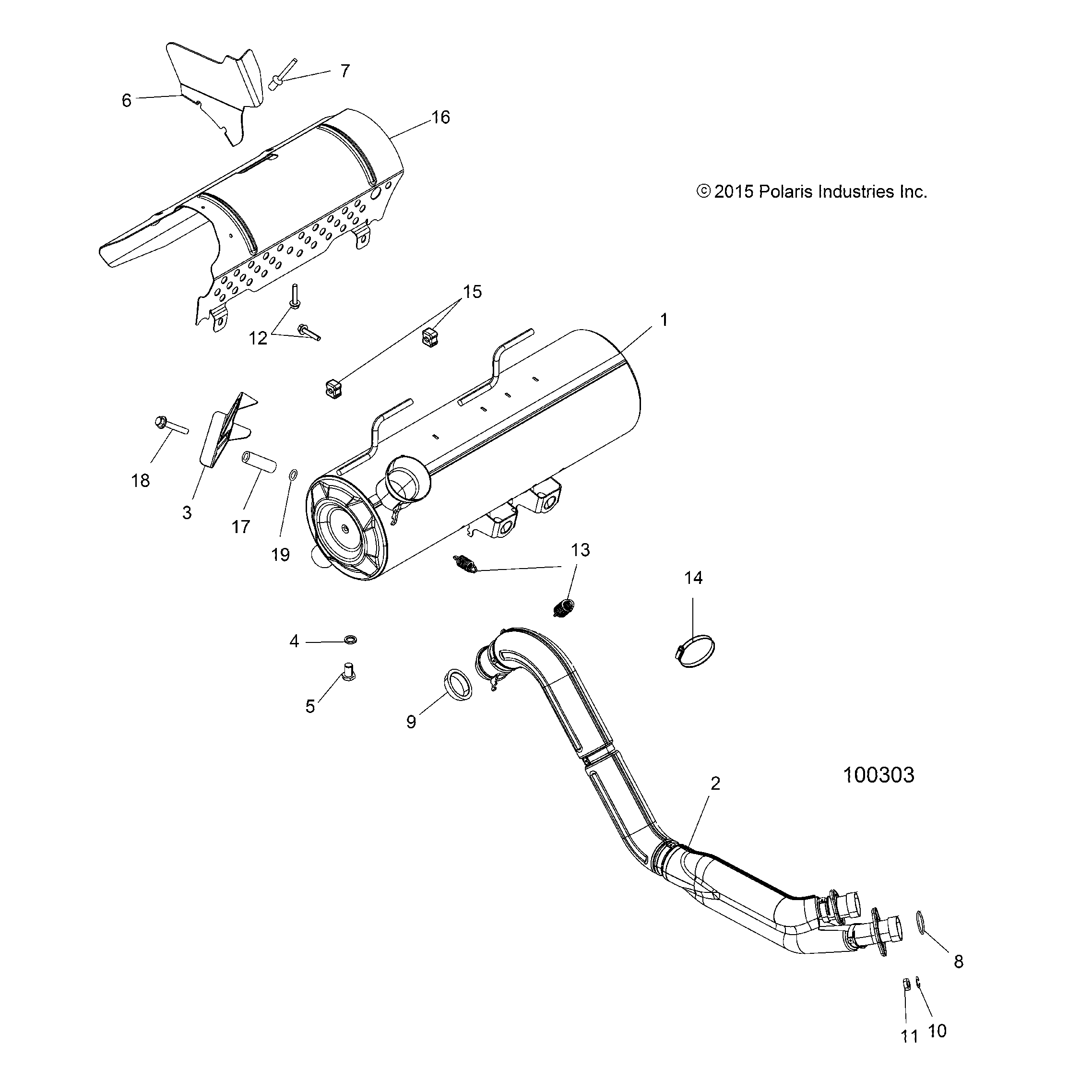 An Image of a Genuine Polaris Parts Schematic Diagram showing the schematic - ENGINE: EXHAUST - 2016 POLARIS SPORTSMAN 850 HIGH LIFTER