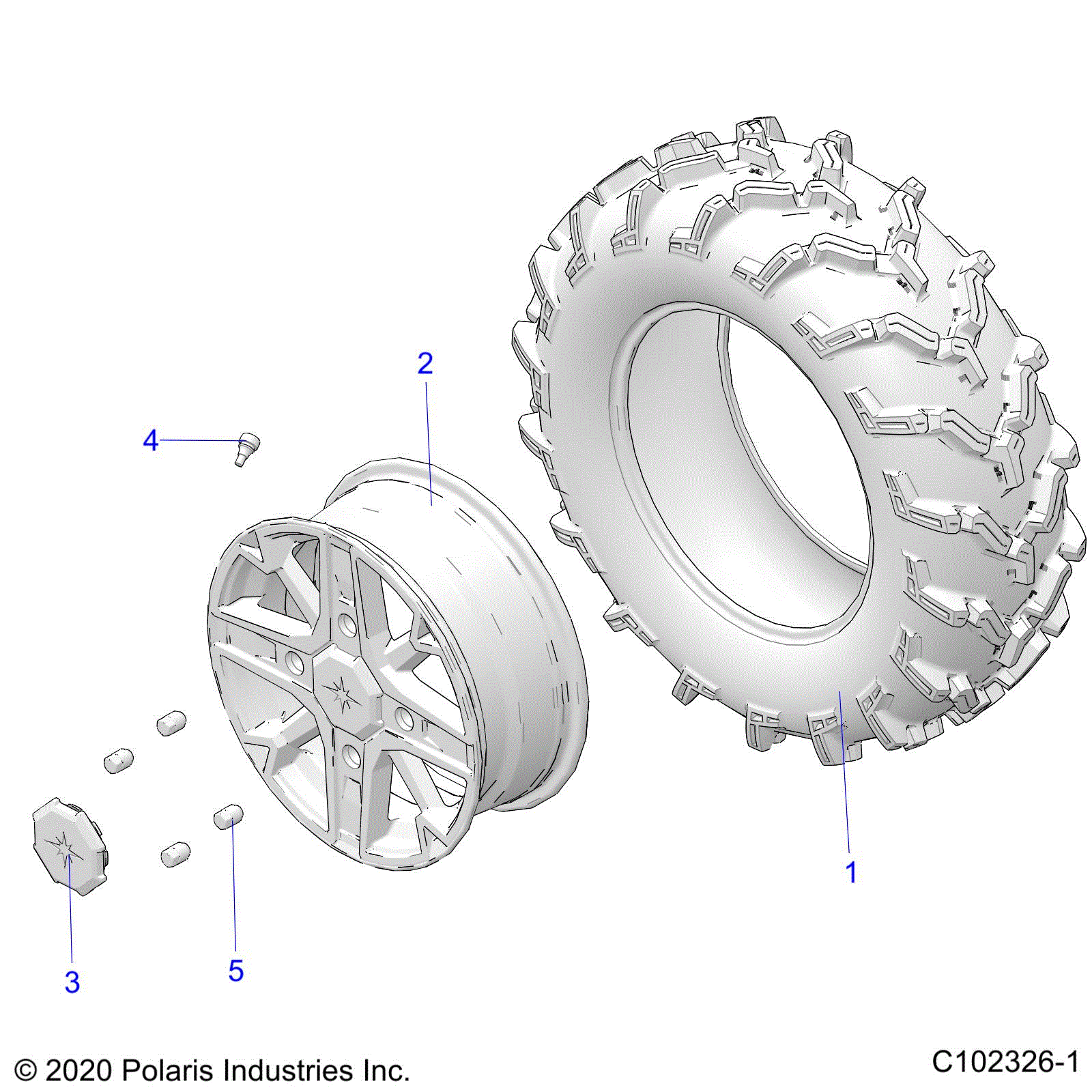 An Image of a Genuine Polaris Parts Schematic Diagram showing the schematic - WHEELS: FRONT - 2020 POLARIS SPORTSMAN TOURING XP 1000 48"
