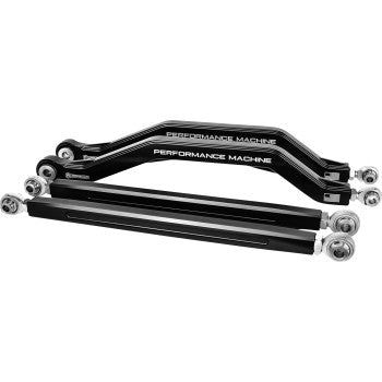 Set of three black high-clearance radius rods with silver metallic spherical rod ends and white "Performance Machine".