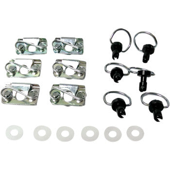 The D Ring Kit Black Clips by Cycle Performance Prod. includes 6 metal clips, 6 black quick-release fasteners with wire rings, and 6 white plastic washers—ideal for ABS or racing fiberglass bodywork—shown on a white background.