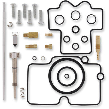 The Honda Carburetor Repair Kit by Moose Offroad includes NBR rubber gaskets, O-rings, screws, jets, springs, and metal parts, all neatly arranged on a white background.