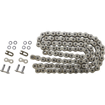 The 520 HPO O-Ring Chain 96 PLT by Moose Offroad is laid out flat, with its rust-resistant connecting links, pins, and small round O-rings displayed beside it on a white background.