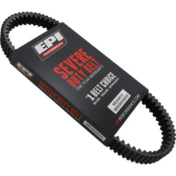 The Drive Belt by Epi is shown in black, ribbed packaging that displays its one-year warranty and part number WE265015. Featuring an Aramid tensile cord, it’s designed for severe duty and high-horsepower use.