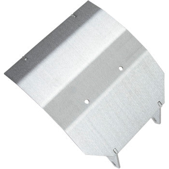 Silver metal skid plate with angled edges and pre-drilled mounting holes for Yamaha Banshee swingarm protection.