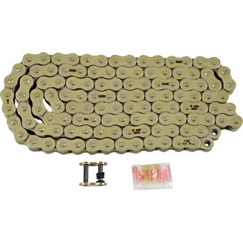 The 530 Max O Drive Chain 120 Links Gold by RK is displayed flat with its master link and a small lubricant packet, all set against a white background.
