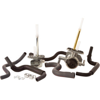The Honda Petcock Fuel Kit by All Balls includes two metal OE replacement fuel valves with long filter tubes, plus multiple black rubber fuel lines and small metal washers, all displayed on a white background.