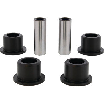 Six metal components—two silver bearing steel hollow tubes and four black flanged bushings—are shown on a white background, perfect as OEM replacement parts in the A-Arm Bearing Kit Front Upper Lower by Moose Offroad.