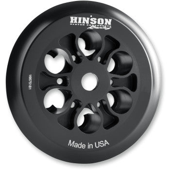 The Pressure Plate by Hinson Racing is a black billet T-6 aluminum motorcycle clutch component with multiple cutout holes and "Made in USA" engraved at the bottom, shown against a white background for optimal clutch performance.