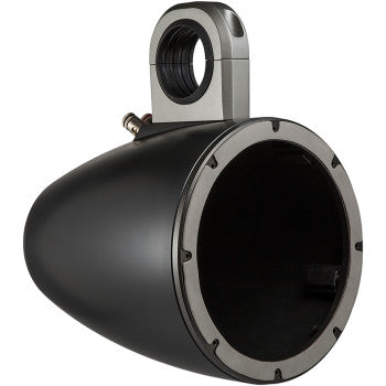 Black weatherproof cylindrical speaker housing with mounting bracket and screw holes around the rim.