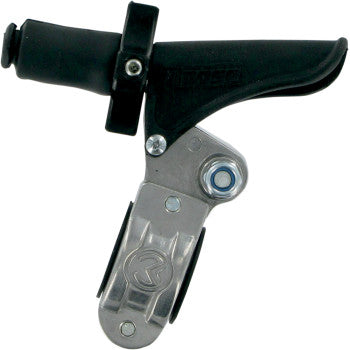 A close-up of the Perch Clutch Fly by Moose Offroad, featuring a metallic and black design with a curved plastic arm, circular blue component, and spring-loaded adjuster, built for use on ski bindings.