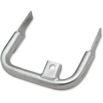 A silver, U-shaped metal bracket with a central hole and flat ends, the Yamaha YFZ Fat Grab Bar by DG Performance is designed as an oversize 1-1/4" whip antenna mount for ATV aluminum tubing.