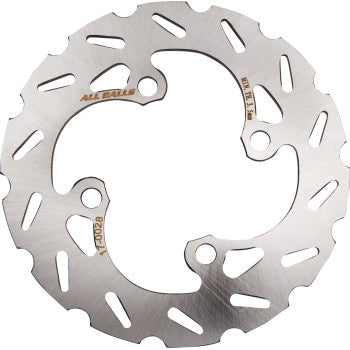 The Honda Brake Rotor by All Balls features stainless steel construction, a wavy ventilated edge, and multiple cooling slots. "ALL BALLS" and identification numbers are engraved on its surface for authenticity.
