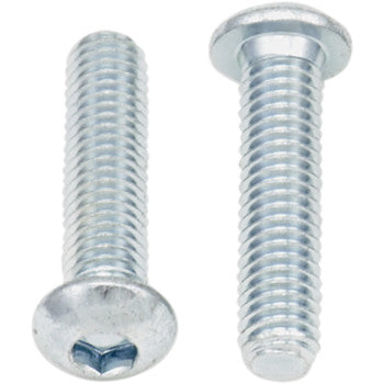 Two Allen Bolts Button Head M6 x 25 from Bolt are shown upright and lying flat, highlighting their threaded bodies and rounded tops. These silver-colored screws are perfect as Allen head replacement hardware; sold in a 10 pack.