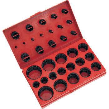 The O-Ring Assortment 407 Piece by Performance Tool features an open red plastic box with 407 black rubber O-rings in assorted sizes, each neatly organized in its own slot.
