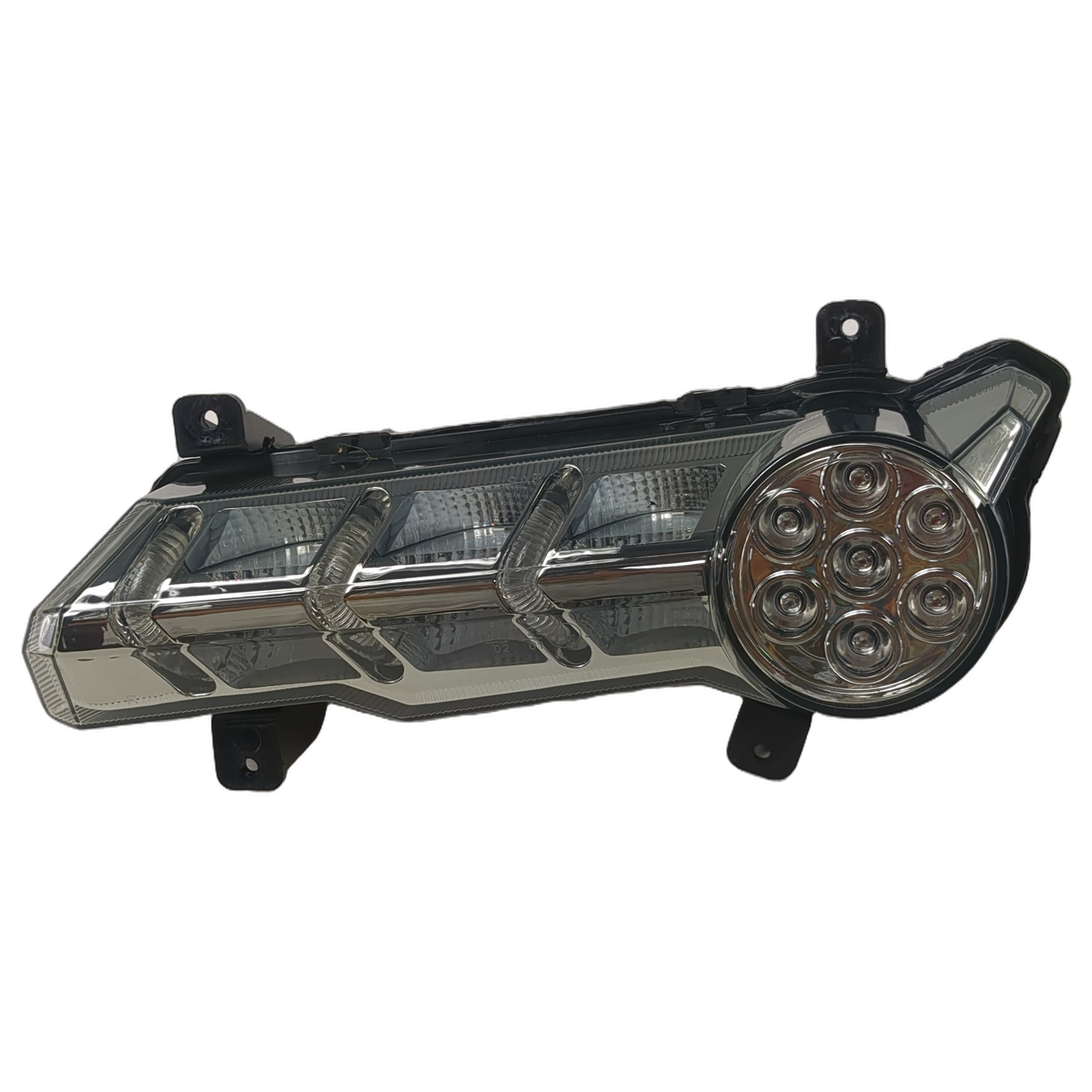 Right tail light for ATV with clear segmented lenses and round LED cluster encased in black housing.
