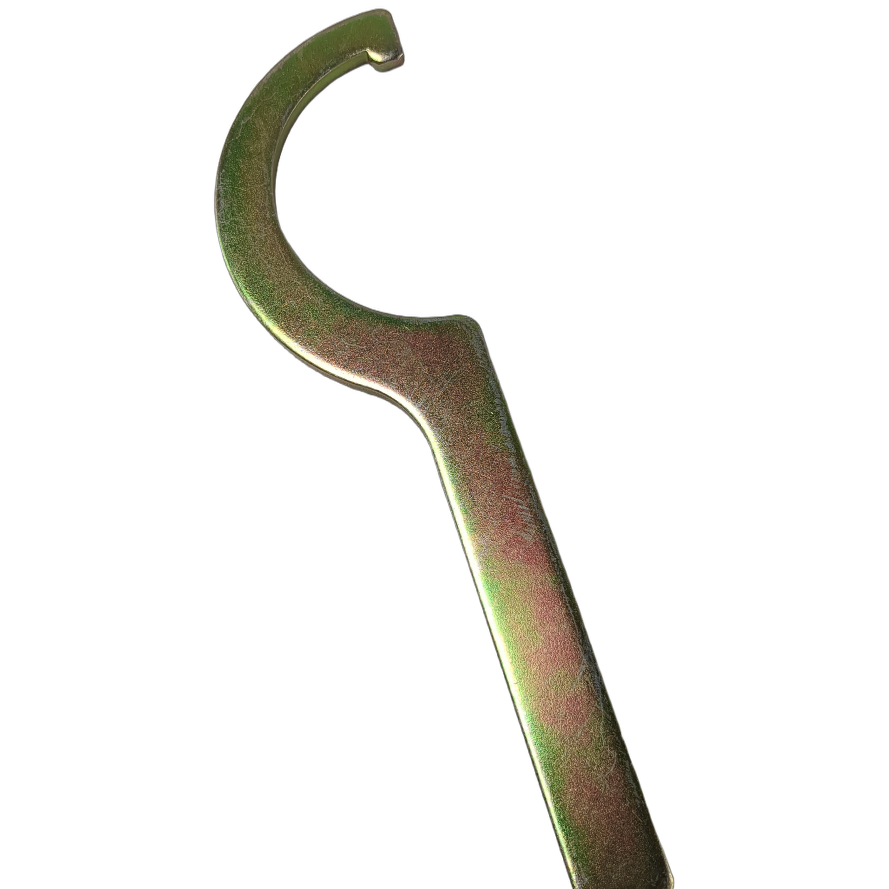 Metal shock adjusting spanner wrench with curved open-ended hook, gold-toned finish.