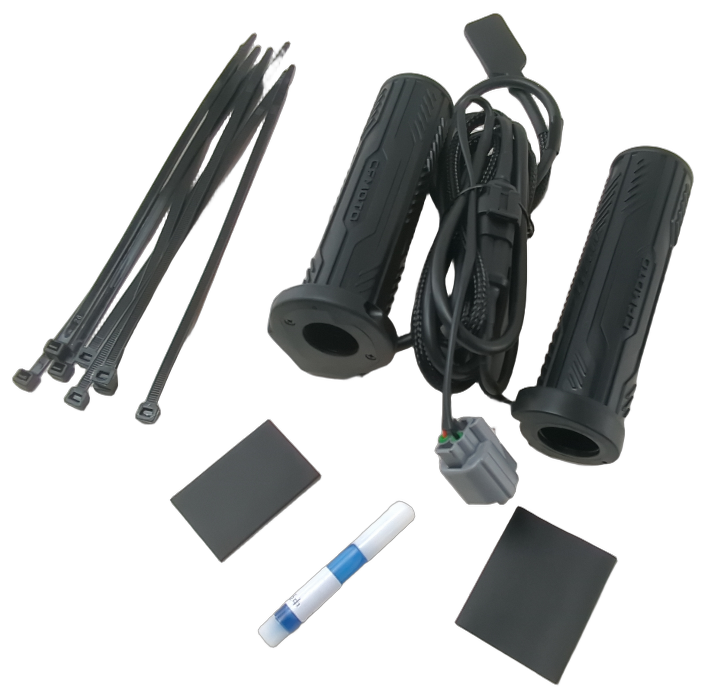 Black heated ATV handlebar grips with wiring harness, gray connector, zip ties, and adhesive pads.
