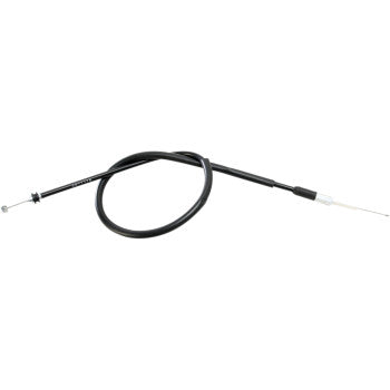 The Yamaha Black Vinyl Throttle Cable 25 1/2 by Moose Offroad features a high UV-resistant black PVC jacket and an exposed metal wire at one end, ideal for mechanical control in off-road motorcycles or ATVs.