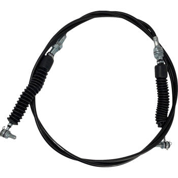Black flexible Polaris UTV shifter cable with metal connectors and protective rubber boots on both ends.
