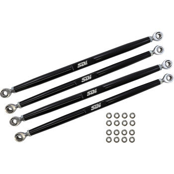 Four Polaris RZR XP Turbo XP Radius Rods by SDI, black metal with SDI logos, arranged parallel with sixteen washers below—ideal heavy-duty equipment components.