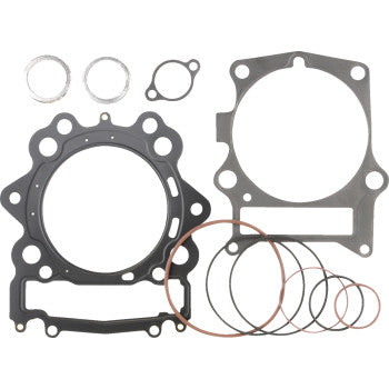 The Yamaha Top End Gasket Kit 104 mm by Cometic includes a variety of metal and rubber gaskets and seals, both round and irregular-shaped, arranged on a white background—perfect for 4-stroke head gasket replacement.