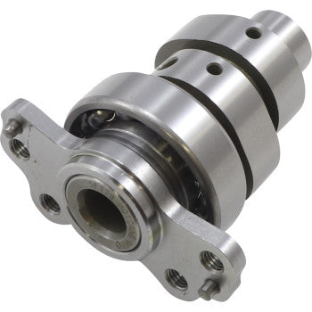 A close-up of the Yamaha Camshaft Single Cam Stage 3 by Hot Cams, showing a precision-machined billet steel camshaft with bearing and mounting plate, designed to boost power and throttle response in automotive engines.