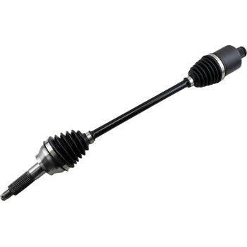 The Polaris Axle Kit Complete Super Duty Rear Left & Right by Epi is a black OEM replacement drive shaft with metal joints and rubber boots on both ends, made from premium steel to transmit power in your vehicles drivetrain.