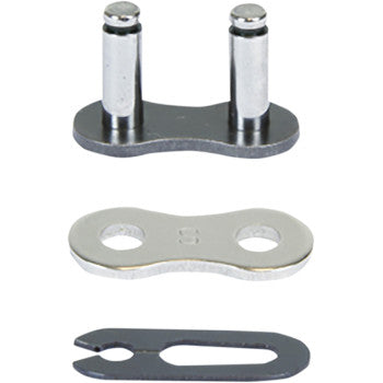 The Prox 520 MX Clip Connecting Link, made from durable Japanese steel, features heat-treated plates and a C-shaped clip. The three separate metal components are displayed vertically on a white background.