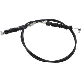 Black flexible Polaris UTV shifter cable with metal connectors and rubber protective boots on both ends.