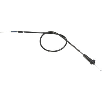 The image shows a Suzuki Black Vinyl Throttle Cable 33 1/2" by Moose Offroad, featuring a steel inner casing and metal ends, coiled against a white background—ideal for use as a throttle cable in vehicles or machinery.